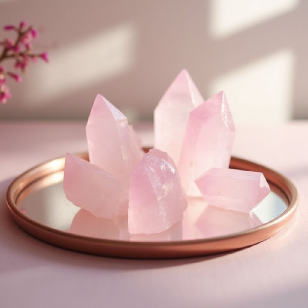 Rose quartz crystals catching light on a mirror, pastel pink, product photograph