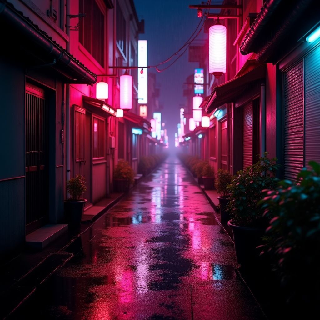 A Tokyo alley at night in magenta neon and rain, cinematic, reflections