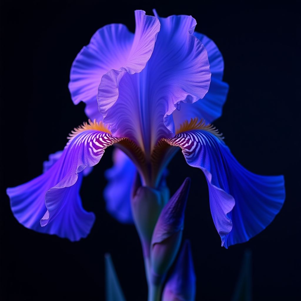Iris flowers in ultraviolet light, deep purple and electric blue, studio macro