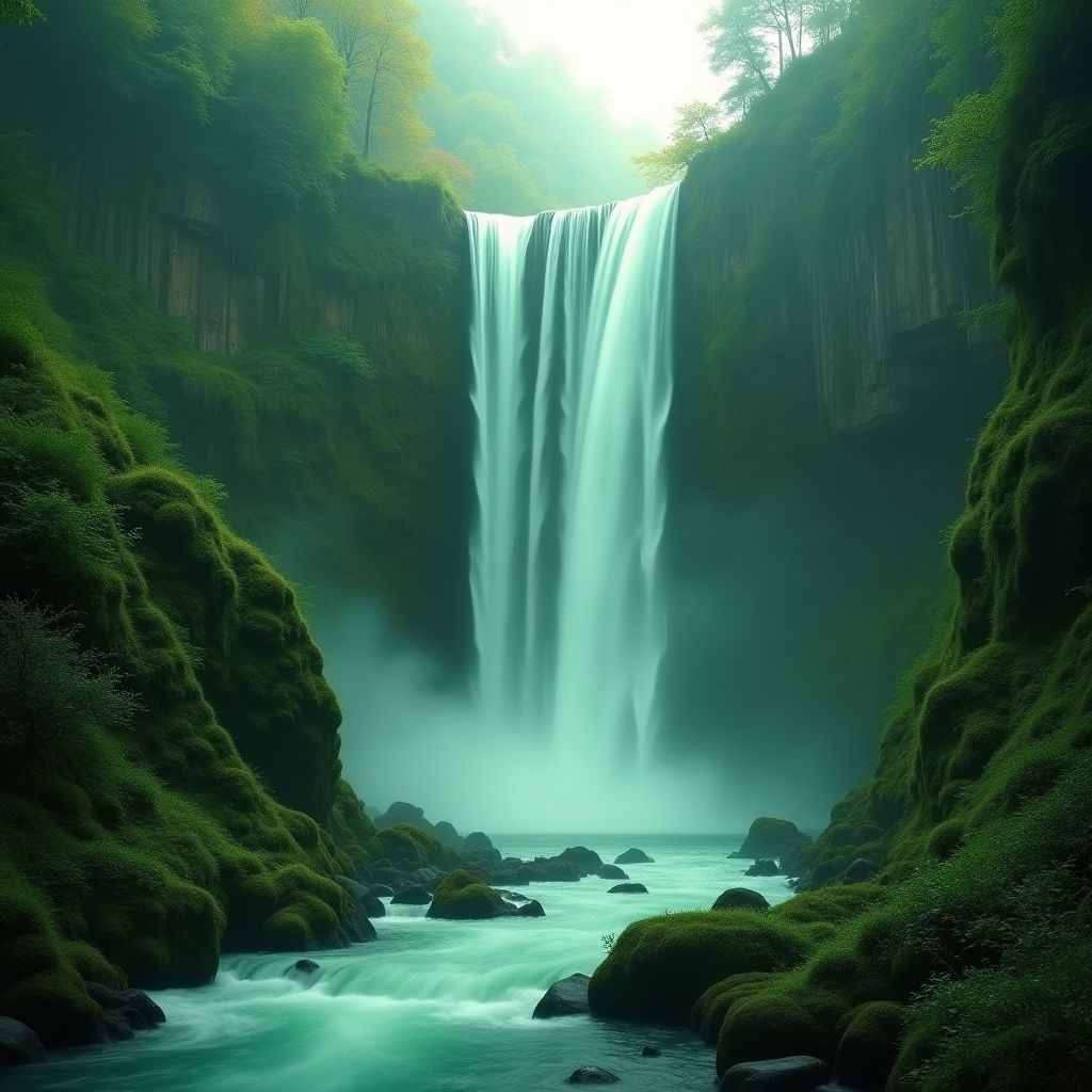 A jade green waterfall in a mossy canyon, mist, soft light