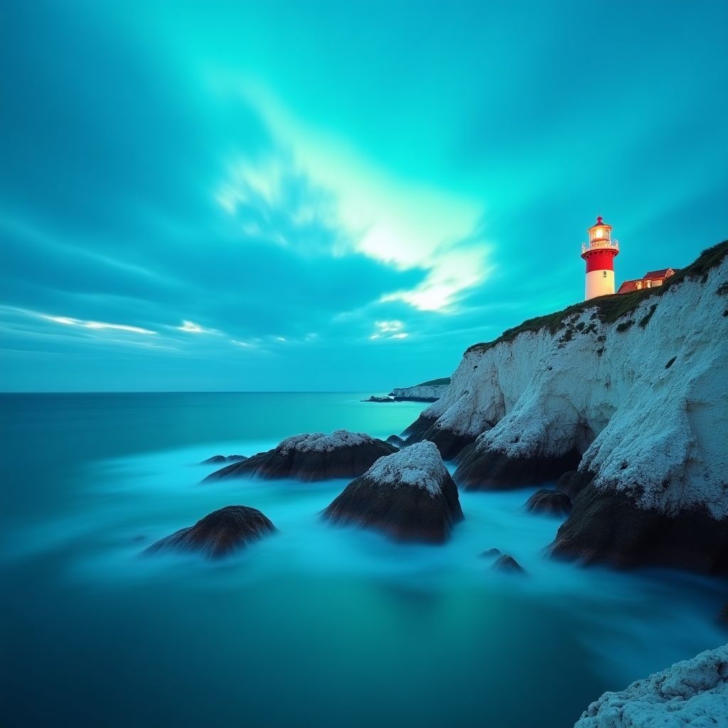 A lighthouse on white cliffs under a vivid cyan sky, long exposure sea, crisp photograph