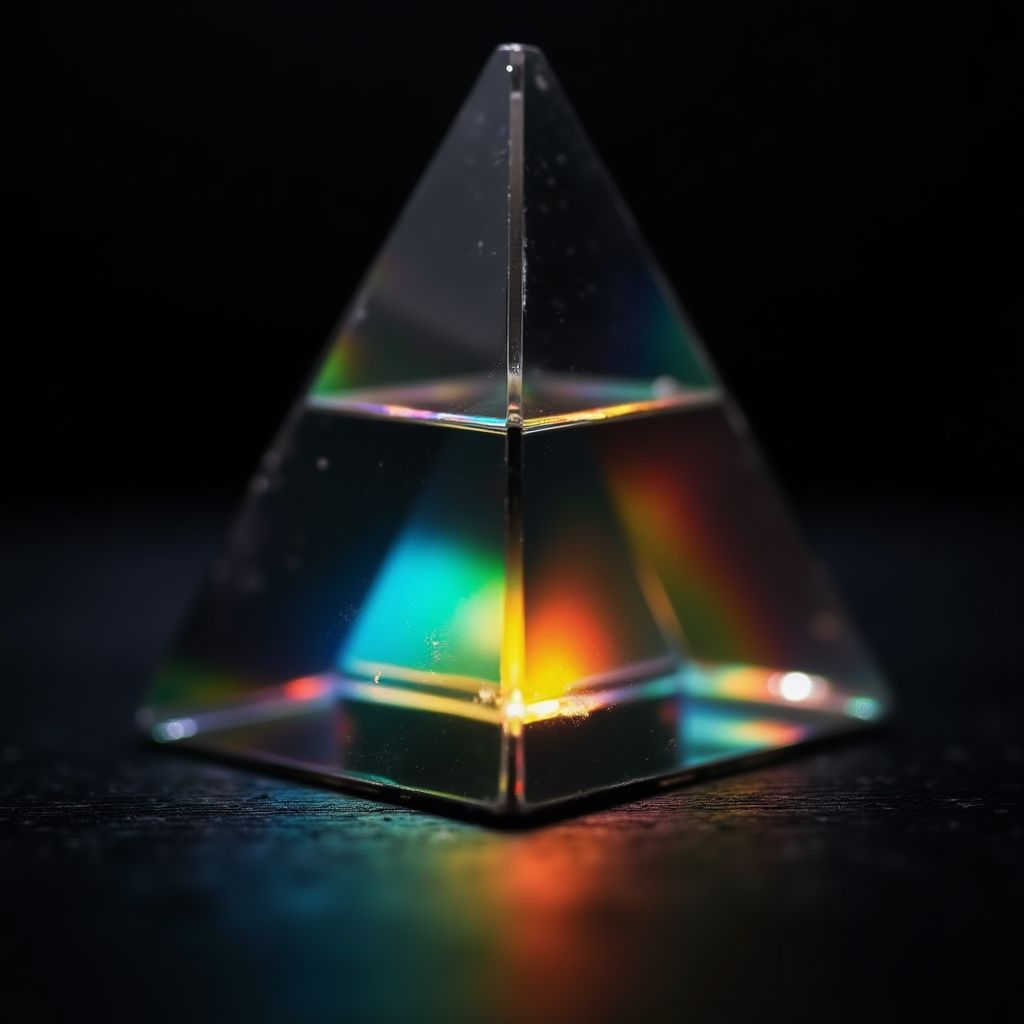 A glass prism on a black table splitting a beam into a rainbow, macro photograph, dramatic