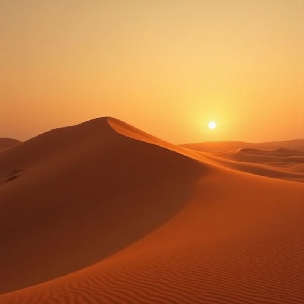 A desert dune at sunset, amber light and long shadows, minimal composition