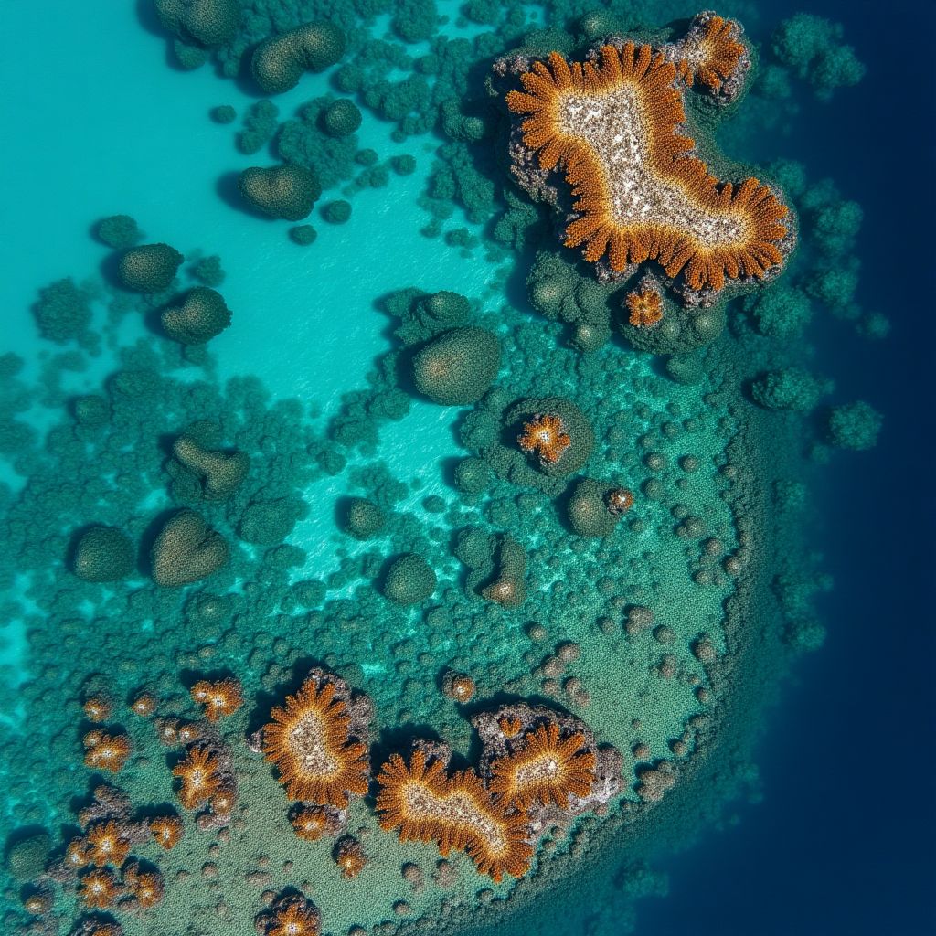 Coral reef seen from above, coral orange and turquoise water, drone shot